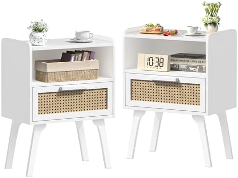 Lerliuo Rattan Nightstand  Bedside Table with Drawer Open Shelf  Cane Accent Side End Table with Solid Wood Legs  Walnut Vintage Night Stand for Bedroom  Dorm and Small Spaces