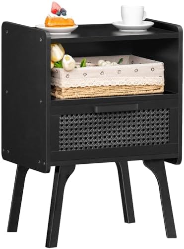 Lerliuo Rattan Nightstand  Bedside Table with Drawer Open Shelf  Cane Accent Side End Table with Solid Wood Legs  Walnut Vintage Night Stand for Bedroom  Dorm and Small Spaces