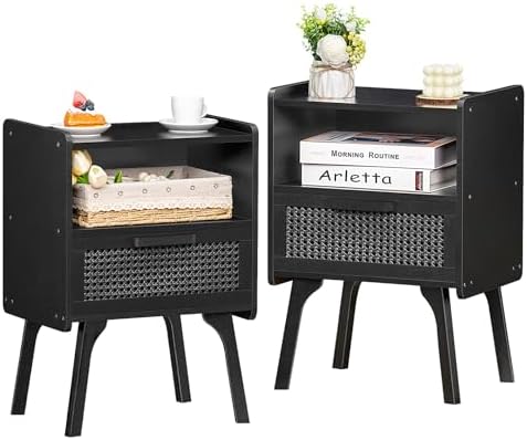Lerliuo Rattan Nightstand  Bedside Table with Drawer Open Shelf  Cane Accent Side End Table with Solid Wood Legs  Walnut Vintage Night Stand for Bedroom  Dorm and Small Spaces