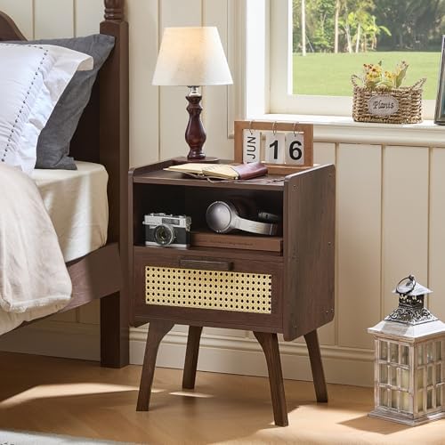 Lerliuo Rattan Nightstand  Bedside Table with Drawer Open Shelf  Cane Accent Side End Table with Solid Wood Legs  Walnut Vintage Night Stand for Bedroom  Dorm and Small Spaces