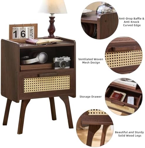 Lerliuo Rattan Nightstand  Bedside Table with Drawer Open Shelf  Cane Accent Side End Table with Solid Wood Legs  Walnut Vintage Night Stand for Bedroom  Dorm and Small Spaces