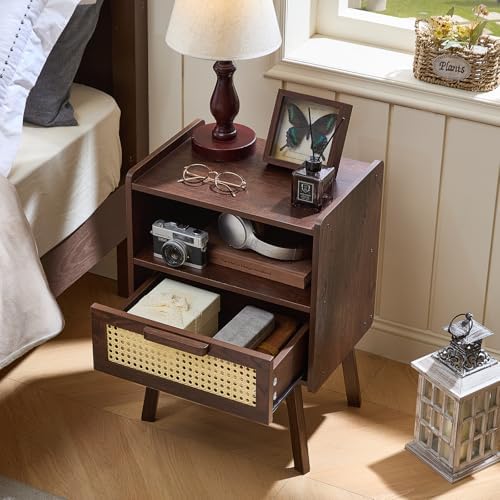 Lerliuo Rattan Nightstand  Bedside Table with Drawer Open Shelf  Cane Accent Side End Table with Solid Wood Legs  Walnut Vintage Night Stand for Bedroom  Dorm and Small Spaces