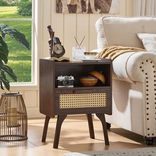 Lerliuo Rattan Nightstand  Bedside Table with Drawer Open Shelf  Cane Accent Side End Table with Solid Wood Legs  Walnut Vintage Night Stand for Bedroom  Dorm and Small Spaces