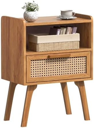 Lerliuo Rattan Nightstand  Bedside Table with Drawer Open Shelf  Cane Accent Side End Table with Solid Wood Legs  Walnut Vintage Night Stand for Bedroom  Dorm and Small Spaces