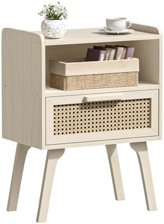 Lerliuo Rattan Nightstand  Bedside Table with Drawer Open Shelf  Cane Accent Side End Table with Solid Wood Legs  Walnut Vintage Night Stand for Bedroom  Dorm and Small Spaces