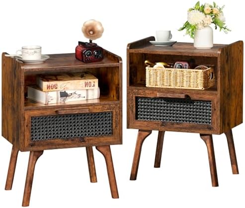 Lerliuo Rattan Nightstand  Bedside Table with Drawer Open Shelf  Cane Accent Side End Table with Solid Wood Legs  Walnut Vintage Night Stand for Bedroom  Dorm and Small Spaces