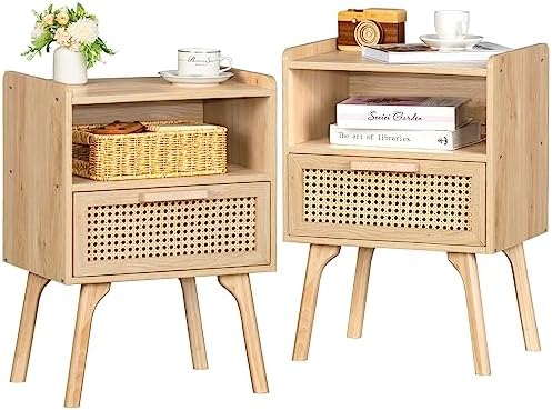 Lerliuo Rattan Nightstand  Bedside Table with Drawer Open Shelf  Cane Accent Side End Table with Solid Wood Legs  Walnut Vintage Night Stand for Bedroom  Dorm and Small Spaces