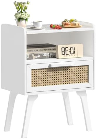 Lerliuo Rattan Nightstand  Bedside Table with Drawer Open Shelf  Cane Accent Side End Table with Solid Wood Legs  Walnut Vintage Night Stand for Bedroom  Dorm and Small Spaces