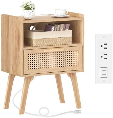 Lerliuo Rattan Nightstand  Bedside Table with Drawer Open Shelf  Cane Accent Side End Table with Solid Wood Legs  Walnut Vintage Night Stand for Bedroom  Dorm and Small Spaces