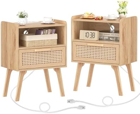 Lerliuo Rattan Nightstand  Bedside Table with Drawer Open Shelf  Cane Accent Side End Table with Solid Wood Legs  Walnut Vintage Night Stand for Bedroom  Dorm and Small Spaces