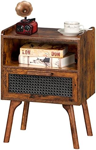 Lerliuo Rattan Nightstand  Bedside Table with Drawer Open Shelf  Cane Accent Side End Table with Solid Wood Legs  Walnut Vintage Night Stand for Bedroom  Dorm and Small Spaces