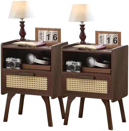 Lerliuo Rattan Nightstand  Bedside Table with Drawer Open Shelf  Cane Accent Side End Table with Solid Wood Legs  Walnut Vintage Night Stand for Bedroom  Dorm and Small Spaces