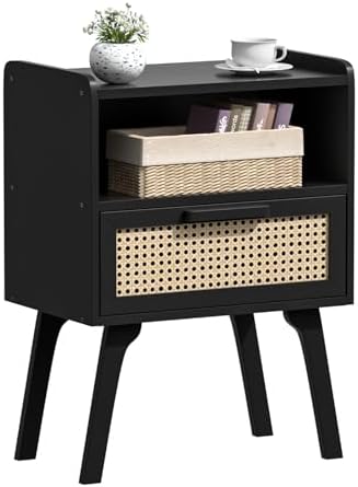 Lerliuo Rattan Nightstand  Bedside Table with Drawer Open Shelf  Cane Accent Side End Table with Solid Wood Legs  Walnut Vintage Night Stand for Bedroom  Dorm and Small Spaces
