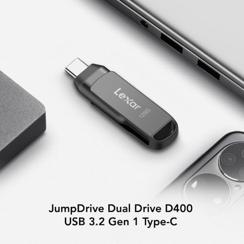 Lexar 128GB JumpDrive Dual Drive D400 USB 3 2 Type C & Type A Flash Drive for Storage Expansion  Photo Back up for iPhone 15  Up to 130MB/s  Metal Housing & Swivel Design  Titanium  LJDD400128G BNQNU 