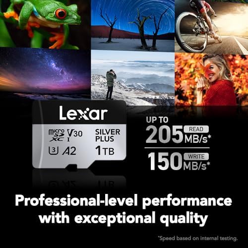 Lexar 1T Professional Silver Plus Micro SD Card  UHS I  C10  U3  V30  Full HD & 4K  Up to 205/150 MB/s microSDXC Memory Card  for Videographers  Gamers  LMSSIPL001T BNANU 