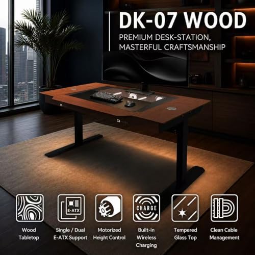 Lian Li DK 07 Wood Motorized Standing Desk   Dual E ATX Ready  Real Wood Top  Built in Wireless Charging  Height Adjustable  Up to Dual 480/420 Radiators  17 Fan Support Dual System PC Desk DK07X WD