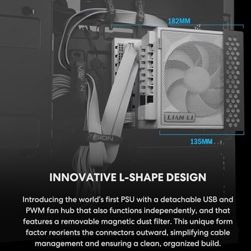 Lian Li EDGE1200W Fully Modular Low Noise ATX Power Supply   ATX 3 1 & PCIE 5 1 Compliant   Cybenetics Gold Efficiency   12V 2x6 Cable   L Shape Design   with USB/Fan Hub   White  EG1200G WH 