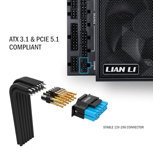 Lian Li Fuente de alimentación modular completa Edge Series-1300W, 80 Plus Platinum-ATX 3.0, 3.1-PCIE 5.1-Diseño en forma de L para carcasa de doble cámara, ventilador FDB de 4.724 in, soporta hasta 4