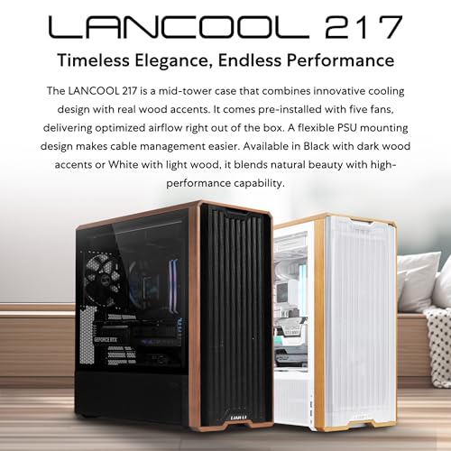 Lian Li LANCOOL 217 Genuine Walnut Wood Computer Case  Mid Tower ATX PC Case with 5 Pre Installed PWM Fans 2x170mm  2x120mm & 1x140mm  Flexible PSU & Cable Installation   Black  LAN217X 