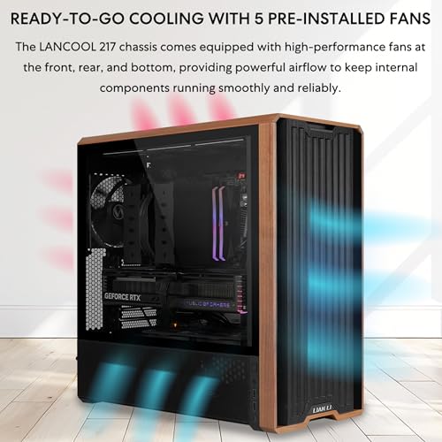 Lian Li LANCOOL 217 Genuine Walnut Wood Computer Case Mid Tower ATX PC Case with 5 Pre Installed PWM Fans 2x170mm 2x120mm & 1x140mm Flexible PSU & Cable Installation Black LAN217X