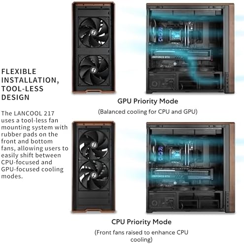 Lian Li LANCOOL 217 Genuine Walnut Wood Computer Case  Mid Tower ATX PC Case with 5 Pre Installed PWM Fans 2x170mm  2x120mm & 1x140mm  Flexible PSU & Cable Installation   Black  LAN217X