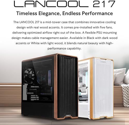 Lian Li LANCOOL 217 Genuine Walnut Wood Computer Case  Mid Tower ATX PC Case with 5 Pre Installed PWM Fans 2x170mm  2x120mm & 1x140mm  Flexible PSU & Cable Installation   Black  LAN217X 