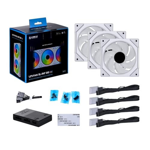 Lian Li UNI Fan SL-Infinity - Paquete de 140 unidades, diseño de cadena de ventilador ARGB, espejo infinito, efectos de iluminación personalizables, sin controlador, blanco (UF-SLIN140-1W)