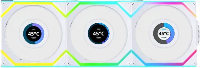 Lian Li UNI Fan SL LCD Wireless 120mm ARGB Fan   Triple Pack   1 6" LCD    2 4 GHz Wireless Signal for RGB & Fan Control   Daisy Chain Design   Controller Included and Required   White  12SLLCD1W3W