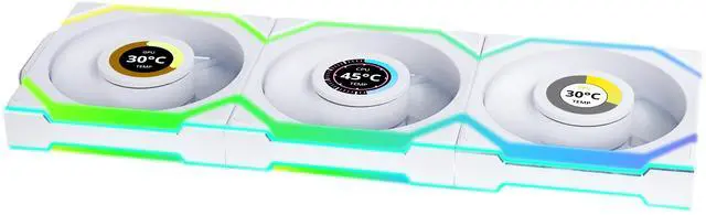 Lian Li UNI Fan SL LCD Wireless 120mm ARGB Fan   Triple Pack   1 6" LCD    2 4 GHz Wireless Signal for RGB & Fan Control   Daisy Chain Design   Controller Included and Required   White  12SLLCD1W3W
