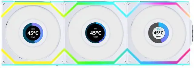 Lian Li UNI Fan SL LCD Wireless 120mm ARGB Fan   Triple Pack   1 6" LCD    2 4 GHz Wireless Signal for RGB & Fan Control   Daisy Chain Design   Controller Included and Required   White  12SLLCD1W3W