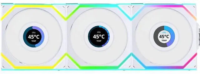 Lian Li UNI Fan SL LCD Wireless 120mm ARGB Fan   Triple Pack   1 6" LCD    2 4 GHz Wireless Signal for RGB & Fan Control   Daisy Chain Design   Controller Included and Required   White  12SLLCD1W3W