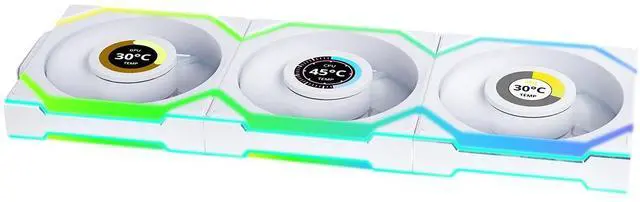 Lian Li UNI Fan SL LCD Wireless 120mm ARGB Fan   Triple Pack   1 6" LCD    2 4 GHz Wireless Signal for RGB & Fan Control   Daisy Chain Design   Controller Included and Required   White  12SLLCD1W3W