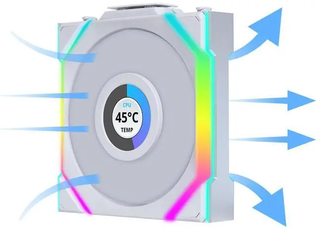 Lian Li UNI Fan SL LCD Wireless 120mm ARGB Fan   Triple Pack   1 6" LCD    2 4 GHz Wireless Signal for RGB & Fan Control   Daisy Chain Design   Controller Included and Required   White  12SLLCD1W3W