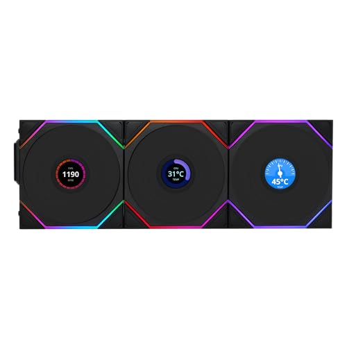 Lian Li UNI Fan TL LCD Wireless 120 Triple Pack  Reverse Blade  2 4 GHz Wireless Signal ARGB Fan Infinity Mirror Daisy Chain Customizable Lighting Controller Included & Required   Black 12RTLLCD1W3B 