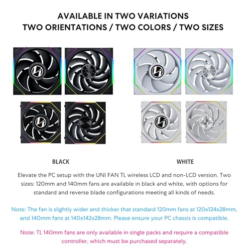 Lian Li UNI Fan TL LCD Wireless 120 Triple Pack  Reverse Blade  2 4 GHz Wireless Signal ARGB Fan Infinity Mirror Daisy Chain Customizable Lighting Controller Included & Required   Black 12RTLLCD1W3B