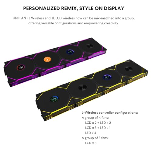 Lian Li UNI Fan TL LCD Wireless 120 Triple Pack  Reverse Blade  2 4 GHz Wireless Signal ARGB Fan Infinity Mirror Daisy Chain Customizable Lighting Controller Included & Required   Black 12RTLLCD1W3B