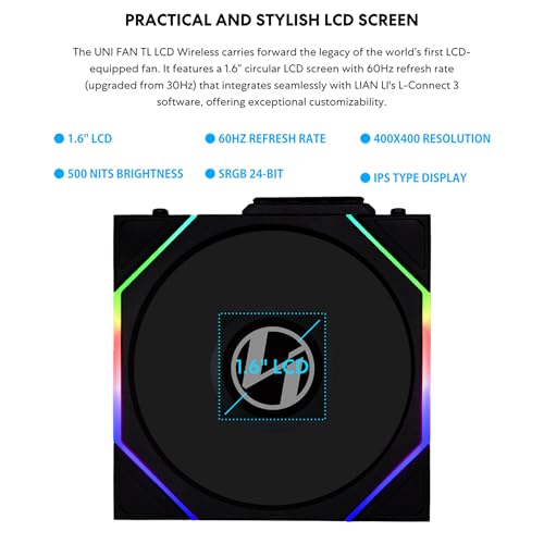Lian Li UNI Fan TL LCD Wireless 120 Triple Pack  Reverse Blade  2 4 GHz Wireless Signal ARGB Fan Infinity Mirror Daisy Chain Customizable Lighting Controller Included & Required   Black 12RTLLCD1W3B