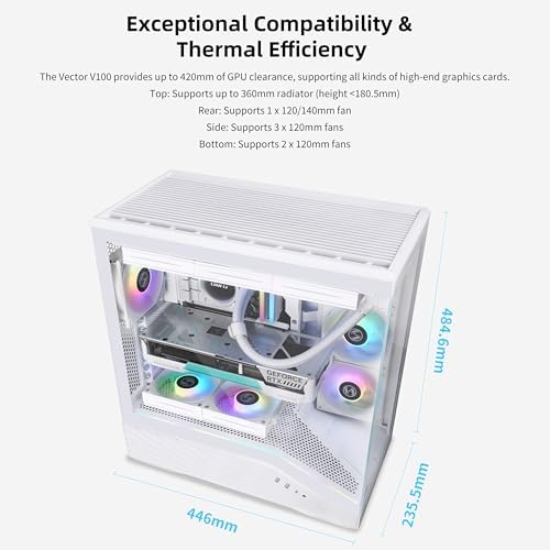 Lian Li V100 ATX Mid Tower PC Case  4 x 120mm ARGB PWM Fans Pre Installed  LED RGB Strip  Display Platform with Tempered Glass  Support 420mm GPUs  360mm Radiator  Optimized Airflow   White  V100RW 