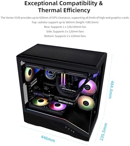 Lian Li V100 ATX Mid Tower PC Case  4 x 120mm ARGB PWM Fans Pre Installed  LED RGB Strip  Display Platform with Tempered Glass  Support 420mm GPUs  360mm Radiator  Optimized Airflow   Black  V100RX