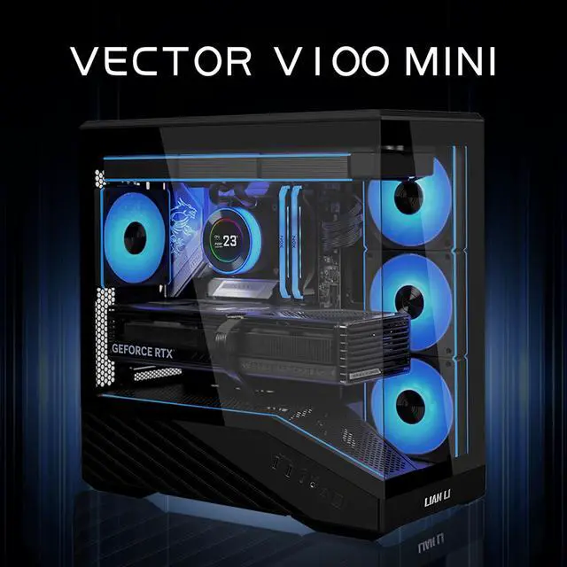 Lian Li VECTOR V100 MINI Micro Form Factor Compact PC Case  Panoramic Tempered Glass  Support Backet Connect Micro ATX  415mm GPUs  360mm Radiator  9 x 120mm Fans  Dust Filiter  RGB   Black  V100MIX 