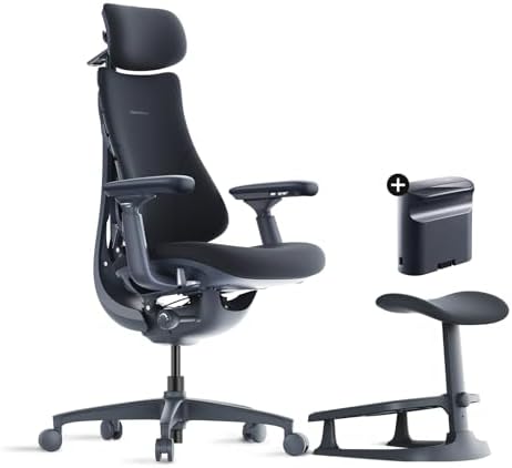 LiberNovo Dynamic Ergonomic Desk Chair   StepSync Footrest Bundle   Comfy Home Office Chair with Adaptive Lumbar Support  160  Recline & Built in Spine Stretch  Black 48cm
