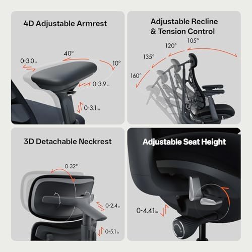 LiberNovo Dynamic Ergonomic Office Chair  Comfy Adjustable Desk Chair with Adaptive Lumbar Support  160  Recline  Built in Spine Stretch for Back Comfort  Home Office Long Hours Use  Black  48cm