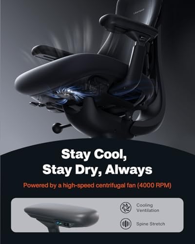 LiberNovo PRO Dynamic Ergonomic Office Chair with Active Airflow Seat Ventilation  2 Fan Speeds for Instant Cooling  5 Recline  Built in Spine Stretch  Comfy Desk Chair for Long Hours  Graphite  48cm
