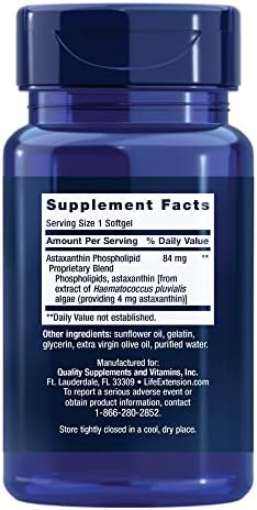 Life Extension Astaxanthin with Phospholipids   Antioxidant Support  Eye Health   Algae Derived   Gluten Free  Non GMO   30 Softgels