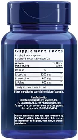 Life Extension Branched Chain Amino Acids  BCAAs   leucine  isoleucine  valine  Promotes Muscle Recovery After Exercise  Gluten Free  Non GMO  90 Capsules