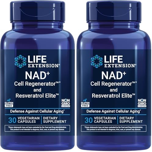 Life Extension NAD  Cell Regenerator  and Resveratrol Elite    nicotinamide riboside  Trans resveratrol  quercetin  Fisetin  Heart Health  Healthy Aging  Vegetarian  Non GMO  Gluten Free  30 Capsules
