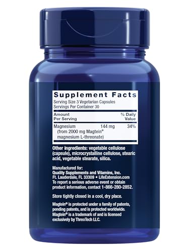 Life Extension Neuro Mag Magnesium L Threonate  Memory Health  Quick Thinking  Cognitive Health Support  Vegetarian  Non GMO  90 Vegetarian Capsules  144 mg from 2000 mg Magtein magnesium L threonate