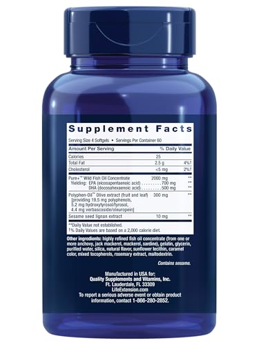 Life Extension Super Omega 3 EPA/DHA Fish Oil  Sesame Lignans & Olive Extract   Heart Health  Brain Health  Inflammation Health Support  Gluten Free  Easy to Swallow  Non GMO  240 Softgels