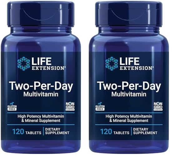Life Extension Two Per Day High Potency Multi Vitamin & Mineral Supplement   Vitamins  Minerals  Plant Extracts  Quercetin  5 MTHF Folate & More   Gluten Free   Non GMO   120 Tablets  Pack of 2