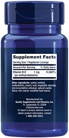 Life Extension Vitamin B12 Methylcobalamin  Nerve Health Supplement  Cognitive Support  Energy Vitamin  methylcobalamin B12  1 mg  Quick Dissolving  Vegetarian  60 lozenges